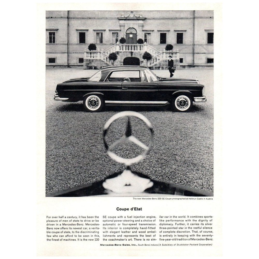 1963 Mercedes 220SE Coupe D'Etat Classic Car Vintage Print Ad Helbrun Castle